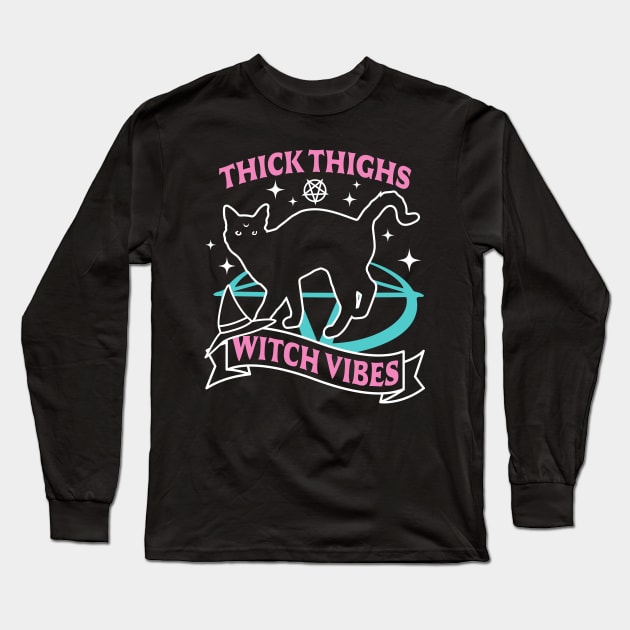 Thick Thighs Witch Vibes - Funny Halloween Pastel Goth Cat Long Sleeve T-Shirt by OrangeMonkeyArt